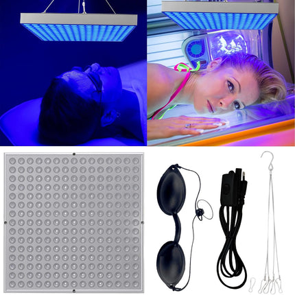 Home Tanning Lamp,Face and Body Sunlamp with Hanging Ring Hook and Blindfold,460Nm Full Blue Therapy Lamp LED Skin Tanning Light with 225Pcs Leds 15W,Eye Protection Self Tanning Machine for Face,Body