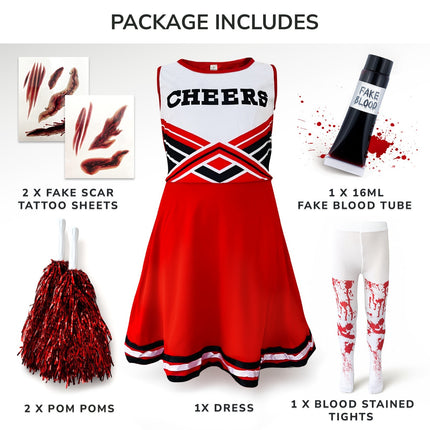 Childrens Kids Zombie Cheerleader Fancy Dress Costume & Blood Halloween