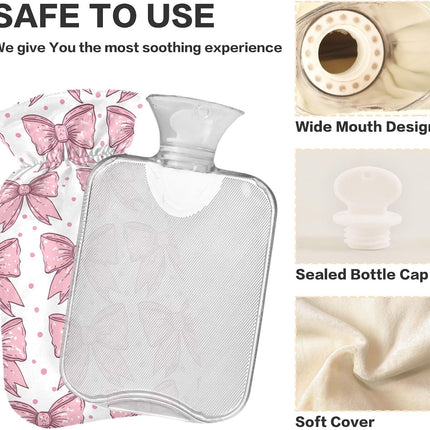 Pink Bows Hot Water Bottle with Cute Cover 2L Durable Hot Water Bag Portable Hot Water Bottle for Menstrual Cramps, Neck and Shoulder Pain Relief