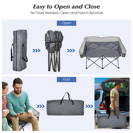 Double Folding Camping Chair with Padded Seat and Storage Pockets