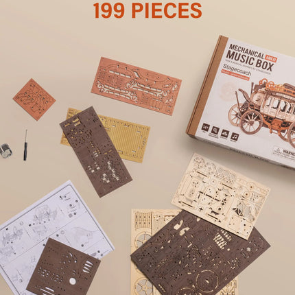 Wooden Music Box Puzzle 3D Puzzles Mechanical Building Construction Craft Birthday Anniversary Day Gift Kits Stagecoach