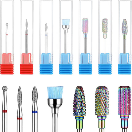 7 Pcs Nail Drill Bits Set, Tungsten 3/32 Inch Carbide Diamond Nail Drill Bits for Acrylic Nails, Curticle Bit for Nail Drill, Professional Cuticle Removal Nail Tools for Manicure Pedicure