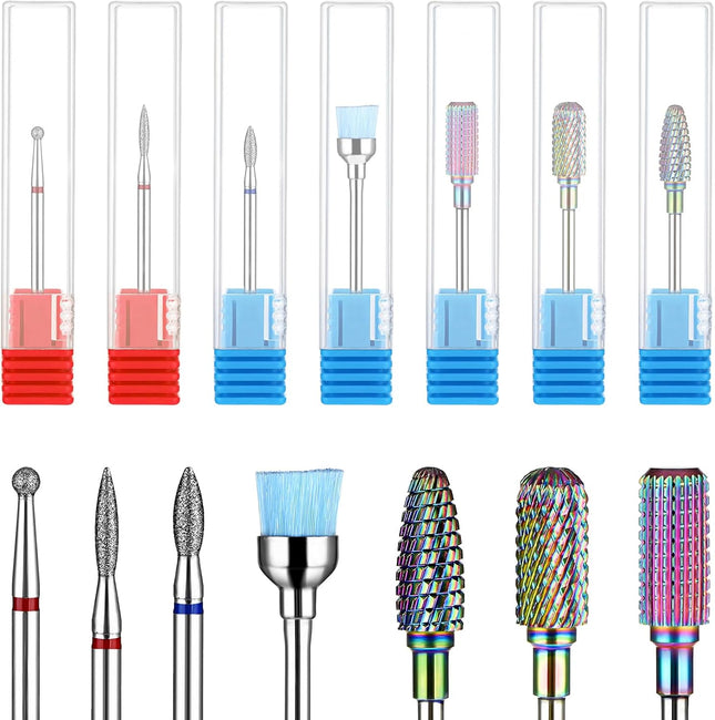 7 Pcs Nail Drill Bits Set, Tungsten 3/32 Inch Carbide Diamond Nail Drill Bits for Acrylic Nails, Curticle Bit for Nail Drill, Professional Cuticle Removal Nail Tools for Manicure Pedicure