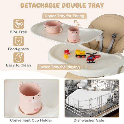 4-In-1 Foldable Baby High Chair with 7 Adjustable Heights and 4 Reclining Angles