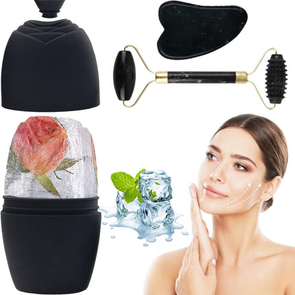 Gua Sha Stone and Face Roller, Gua Sha Set and Ice Face Rollers, Massage Tool for Skin Care Routine, Guasha Tool, Neck and Body Muscle, Fface Massager Roller, Facial Ice Rollers, Black