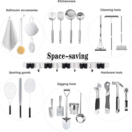 5 Holders+4 Hooks Broom Holder Wall Mounted with Nails Installation, Heavy Duty Stainless Steel Mop Holder, Brush Mop and Broom Storage Self Adhesive