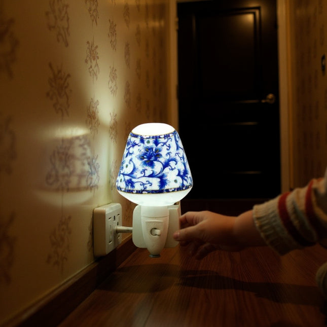 Night Light Blue Floral Ceramic Modern LED - Decorative Light for Home, Office