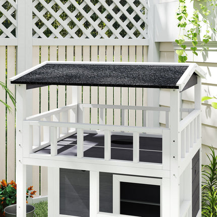 Pawhut Wooden Outdoor Cat House 3-Tier Kitten Shelter W/ Tilted Roof Grey