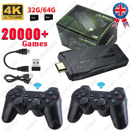 Wireless 4K HDMI TV Game Stick Console Built in 20000+ Games +2 Wireless Gamepad