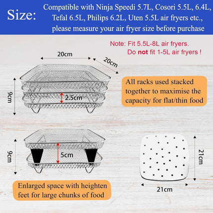 Air Fryer Grill Rack Square Stainless Steel 3 Layers Stackable Air Fryer Shelf