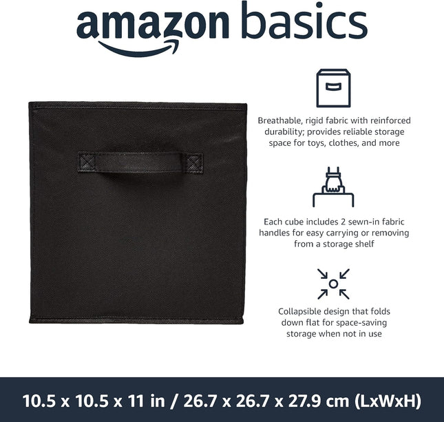 Collapsible Fabric Storage Cube/Organiser with Handles, Pack of 6, Solid Black, 26.6 X 26.6 X 27.9 Cm