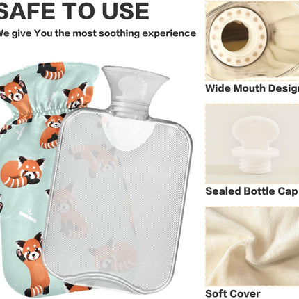 Cute Red Panda Bamboo Hot Water Bottle with Cover, 1L Winter Warm Transparent Hot Water Bag Portable Hot Water Bottles for Menstrual Cramps, Neck and Shoulder Pain Relief