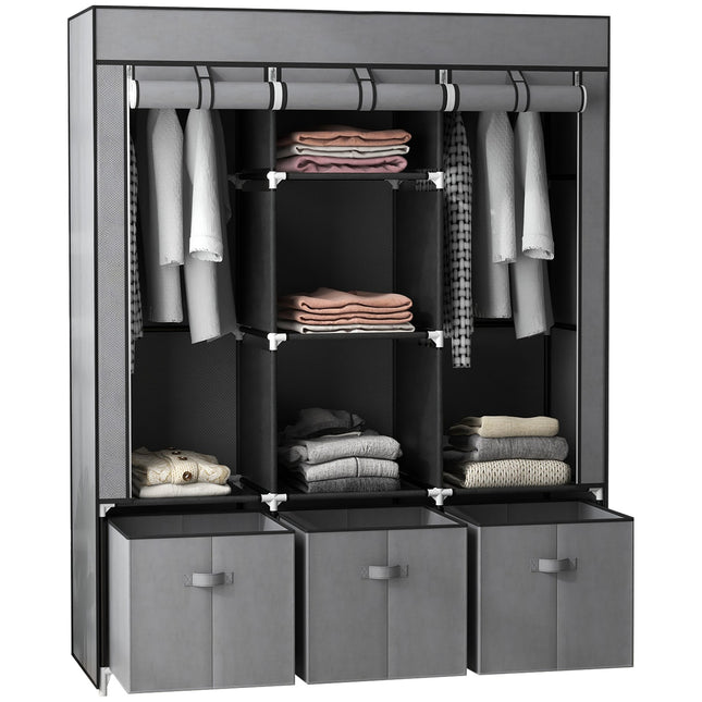 HOMCOM Portable Fabric Wardrobe with 5 Shelves and 3 Fabric Drawers, Grey