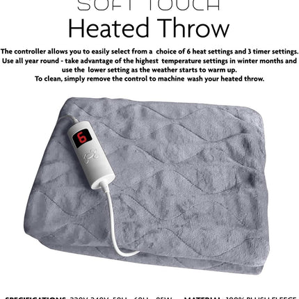 Electric Heated Blanket | Luxury Soft Touch Blanket | Warm Soft over Throw Plush Fleece Rug with Digital Timer Controller Super Comfy | Heated Throw 160Cm X 130Cm | Grey