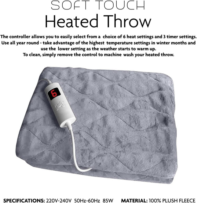 Electric Heated Blanket | Luxury Soft Touch Blanket | Warm Soft over Throw Plush Fleece Rug with Digital Timer Controller Super Comfy | Heated Throw 160Cm X 130Cm | Grey