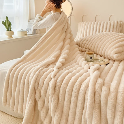 Large Ribbed Faux Fur Warm Fleece Throw over Soft Sofa Bed Blanket Double & King
