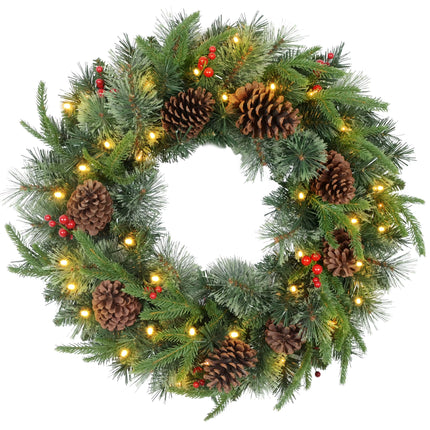 60Cm Christmas Wreath with LED Lights Pine Cones Red Berries Green