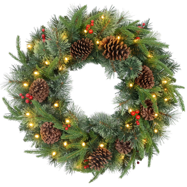 60Cm Christmas Wreath with LED Lights Pine Cones Red Berries Green