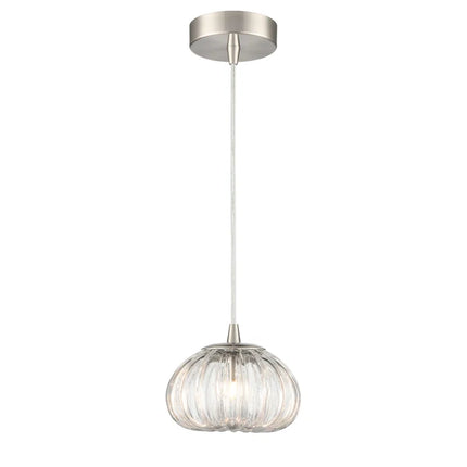 Satin Nickel Single Pendant with Clear Ribbed Enclosed Glass with Inverted Base
