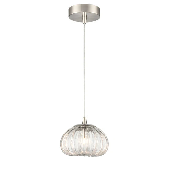 Satin Nickel Single Pendant with Clear Ribbed Enclosed Glass with Inverted Base