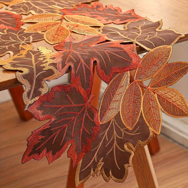 Table Runner Fall Maple Leaf Design in Red Orange Yellow, Brown, Non-Polyester