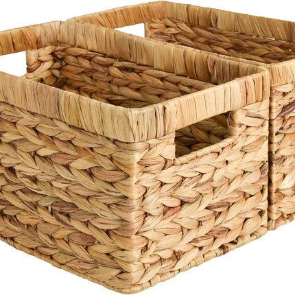 Wicker Storage Baskets for Shelves, Large Shelf Baskets with Handles, Rectangular Wicker Storage Boxes, Woven Basket for Organising Pantry Bathroom, Natural Water Hyacinth, 2-Pack