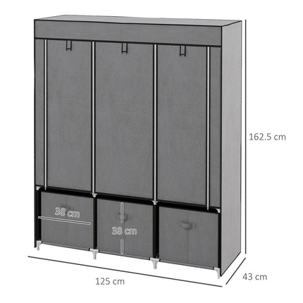 HOMCOM Portable Fabric Wardrobe with 5 Shelves and 3 Fabric Drawers, Grey