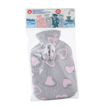 Large 2L Rubber Hot Water Bottle with Warm Faux Fur Fluffy Plush Pom Pom Cover