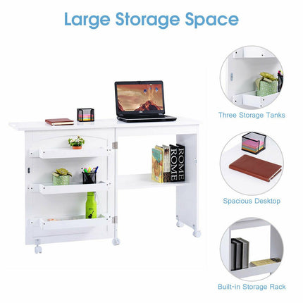 Folding Sewing Table with Storage Shelves and Lockable Casters