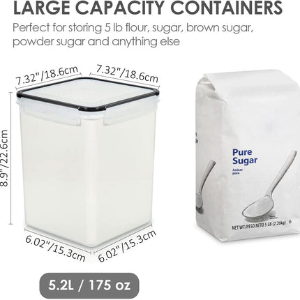 Large Food Storage Containers 5.2L / 175Oz, 4 Pack Plastic Airtight Storage Containers with Lids for Flour, Sugar, Rice, 4 Measuring Cups and 24 Labels, BPA Free, Black