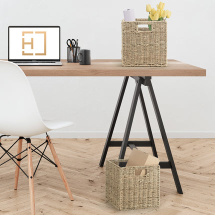 Set of 2 Foldable Seagrass or Water Hyacinth Storage Baskets with Inset Handles