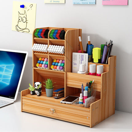 Wooden Pen Pencil Storage Holder Office Study Desk Organizer Box Tidy Shelf Case