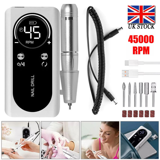 45000RPM Pro Rechargeable Wireless Electric Nail Drill Machine Portable Manicure