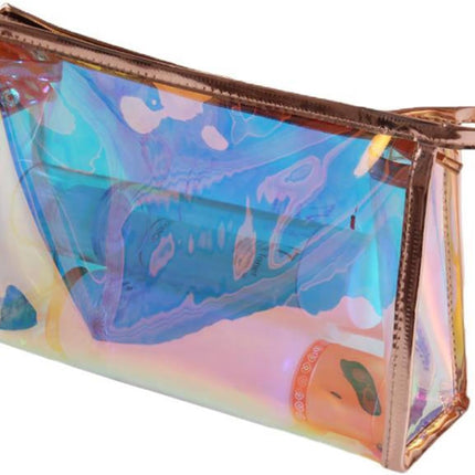 Iridescent Holographic Makeup Bag with Portable Handle, Travel Clear Toiletry Bag, Lipstick Cosmetic Pouch, Waterproof Zipper Beach Bag Make up Organizer Case for Woman Teen Girl, B
