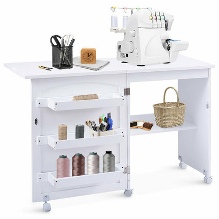 Folding Sewing Table with Storage Shelves and Lockable Casters