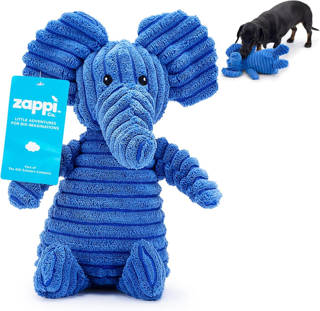 Zappi Co Blue Elephant Plush Dog Toy with Squeaker – Soft, Durable, Ribbed Plush