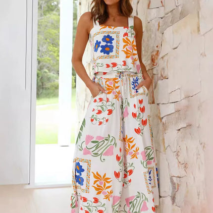 Womens Boho Floral Summer 2 Piece Outfits Tank and Wide Leg Pants Set Vacation Outfits