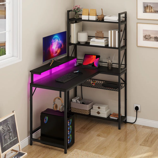 L-Shaped Gaming Desk - Black 106Cm Corner Desk with Power Outlets, LED Lights & Storage Shelves for Home Office