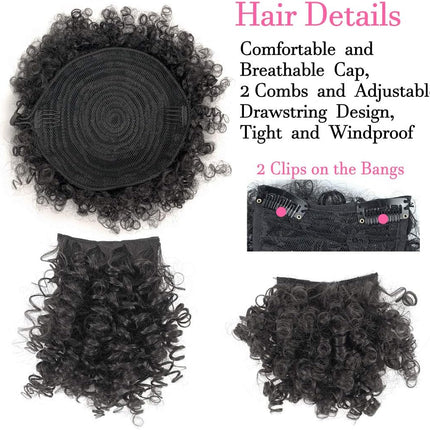 Afro Puff Drawstring Ponytail with Bangs Pineapple Updo Hair for African American Women,Short Kinky Curly Ponytail Bun with 2 Replaceable Bangs(#1B-Black)