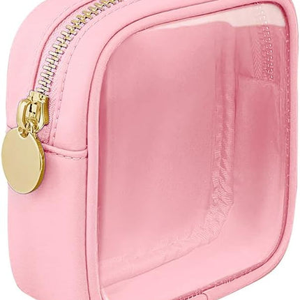 Small Nylon PVC Cosmetic Travel Bag Mini Clear Makeup Bag Waterproof Toiletry Storage Clutch Coin Zipper Pouch Beauty Skincare Bag for Women Girls Pink