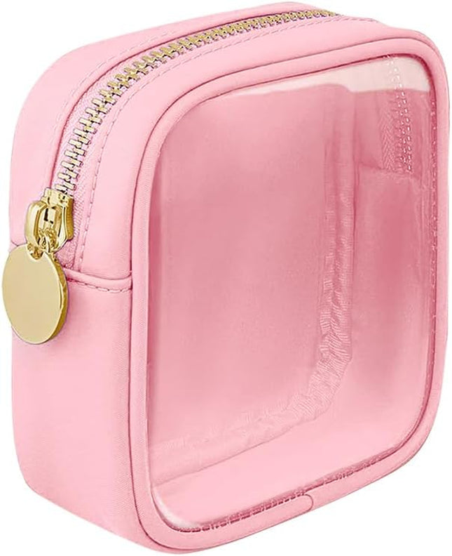 Small Nylon PVC Cosmetic Travel Bag Mini Clear Makeup Bag Waterproof Toiletry Storage Clutch Coin Zipper Pouch Beauty Skincare Bag for Women Girls Pink