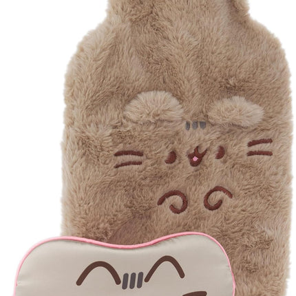 Womens Hot Water Bottle & Eye Mask Set | Ladies & Girls Furry Heat Pad and Satin Sleepwear Eye Cover in Brown | Complete Matching Nightwear Gift Bundle | Cat Kitten Merchandise Apparel