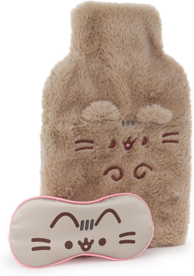 Womens Hot Water Bottle & Eye Mask Set | Ladies & Girls Furry Heat Pad and Satin Sleepwear Eye Cover in Brown | Complete Matching Nightwear Gift Bundle | Cat Kitten Merchandise Apparel