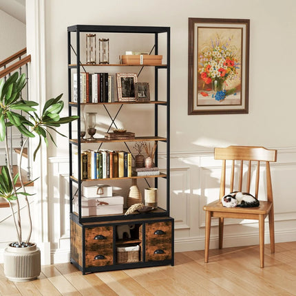 8-Tier Bookshelf with Storage and 4 Fabric Drawers