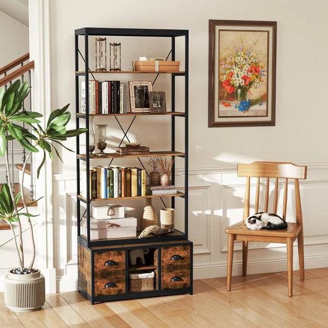 8-Tier Bookshelf with Storage and 4 Fabric Drawers