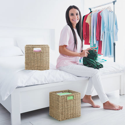 Set of 2 Foldable Seagrass or Water Hyacinth Storage Baskets with Inset Handles