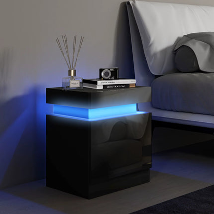 High Gloss Bedside Table with LED Light and 2 Drawers, Black