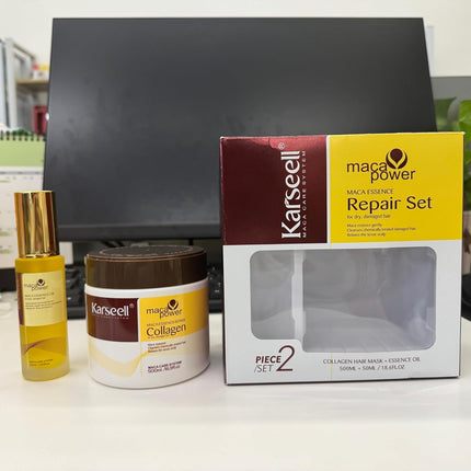 Collagen Maca Essence Repair Set, Collagen Hair Mask 500Ml & Maca Essence Hair Oil 50Ml, Argan Oil Hair Treatment for Dry Damaged Hair All Hair Types