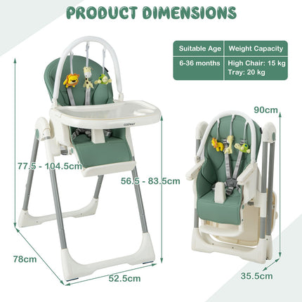 4-In-1 Foldable Baby High Chair with 7 Adjustable Heights and 4 Reclining Angles