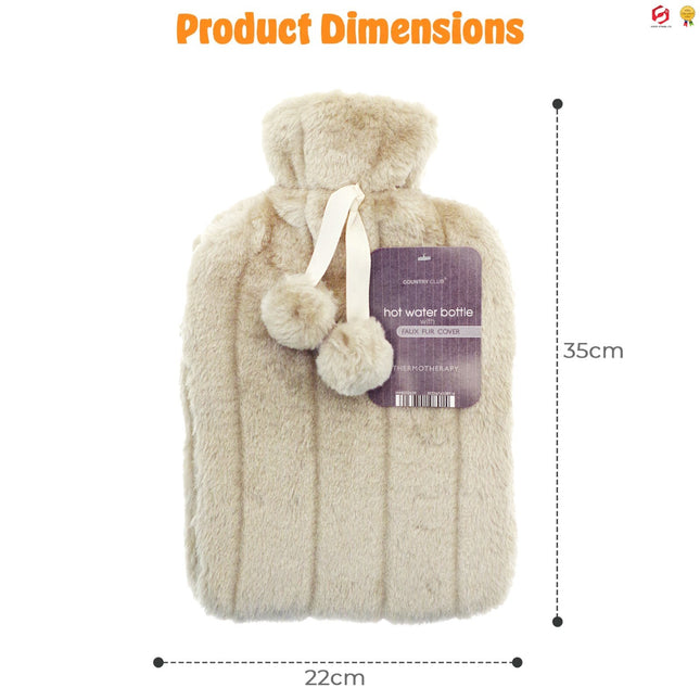 Hot Water Bottle with Faux Fur Removable Pom Pom Cover Body Warmer Xmas 2L Mink